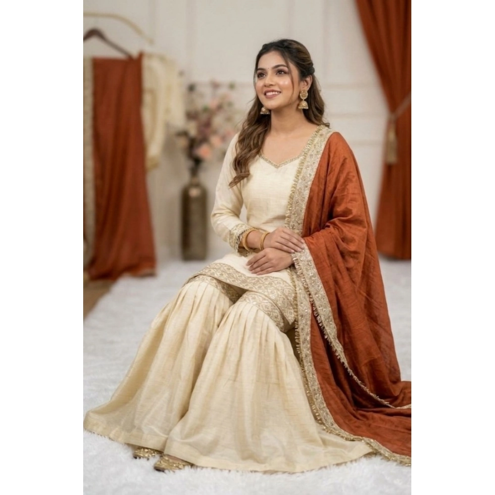 Generic Women's Silk Embroidered 3/4th Sleeve V-Neck Kurti With Sharara Pant and Dupatta Set (Cream & Orange) - Image 4