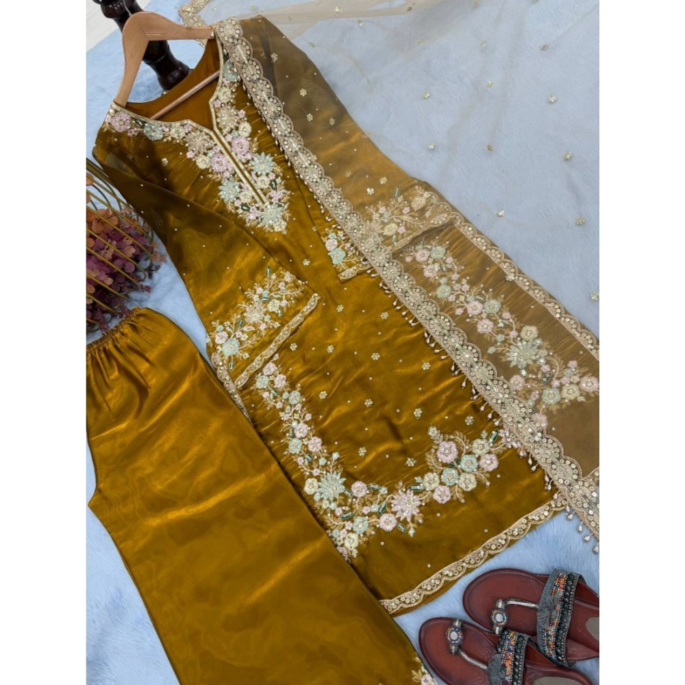Generic Women's Silk Embroidered 3/4th Sleeve Round Kurti With Palazzo Pant and Dupatta Set (Gold) - Image 6