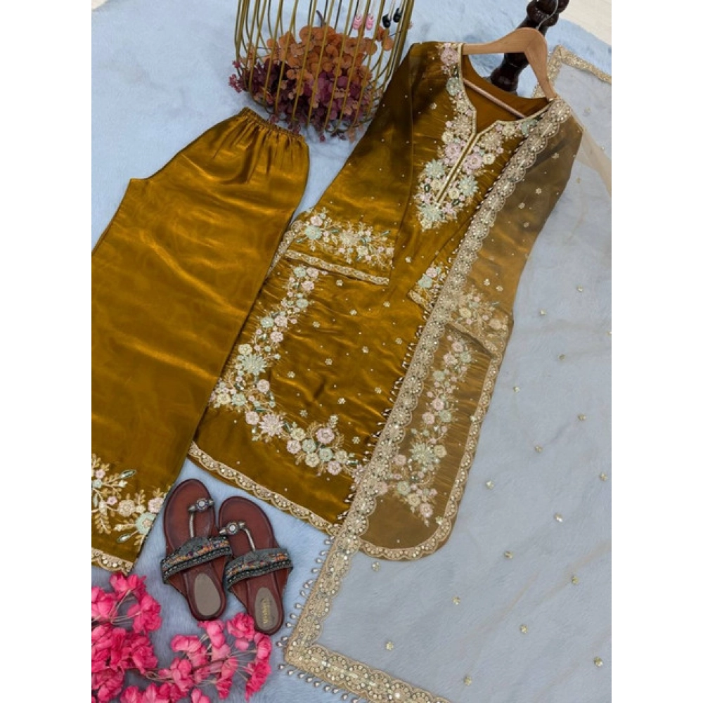 Generic Women's Silk Embroidered 3/4th Sleeve Round Kurti With Palazzo Pant and Dupatta Set (Gold) - Image 3