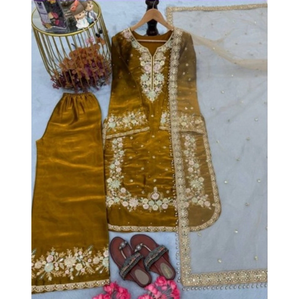 Generic Women's Silk Embroidered 3/4th Sleeve Round Kurti With Palazzo Pant and Dupatta Set (Gold) - Image 4