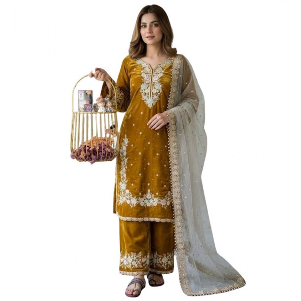 Generic Women's Silk Embroidered 3/4th Sleeve Round Kurti With Palazzo Pant and Dupatta Set (Gold) - Image 5