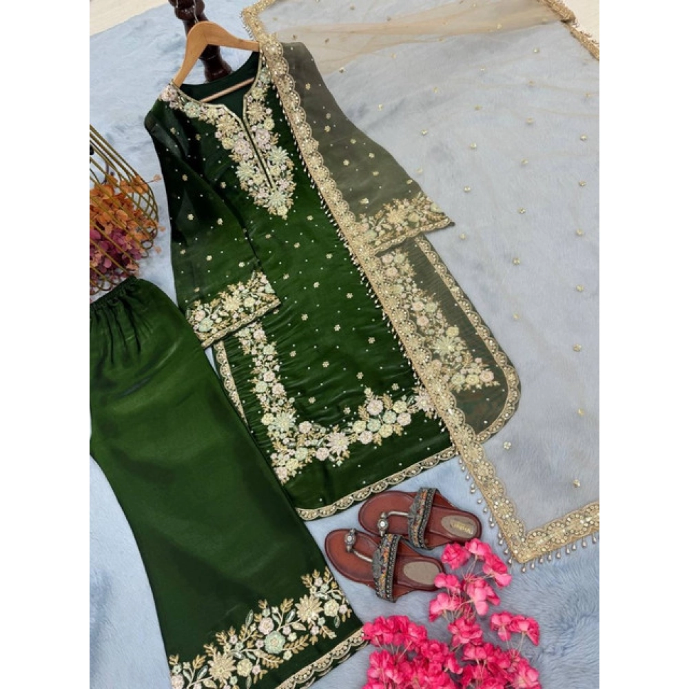Generic Women's Silk Embroidered 3/4th Sleeve Round Kurti With Palazzo Pant and Dupatta Set (Dark Green) - Image 3