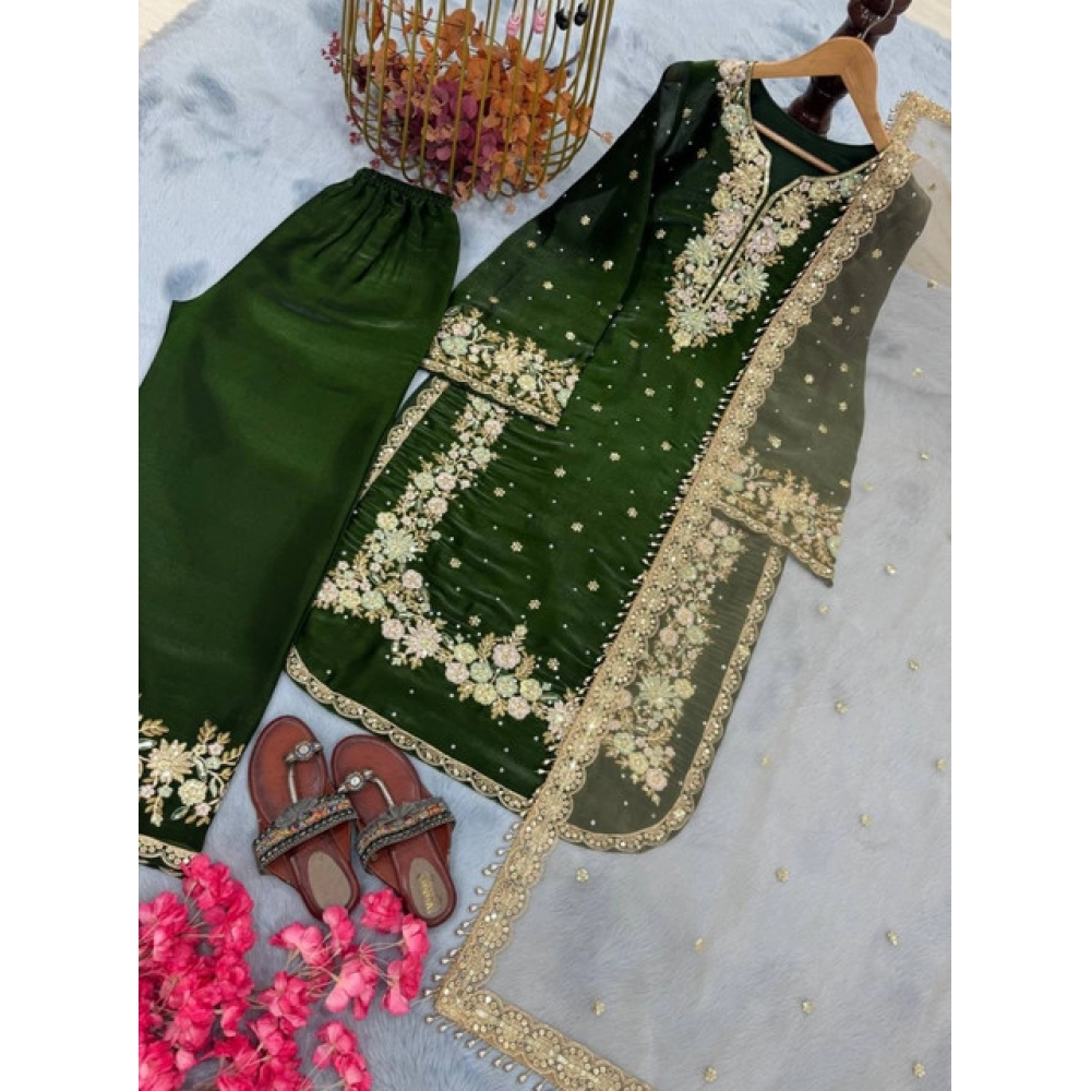 Generic Women's Silk Embroidered 3/4th Sleeve Round Kurti With Palazzo Pant and Dupatta Set (Dark Green) - Image 4