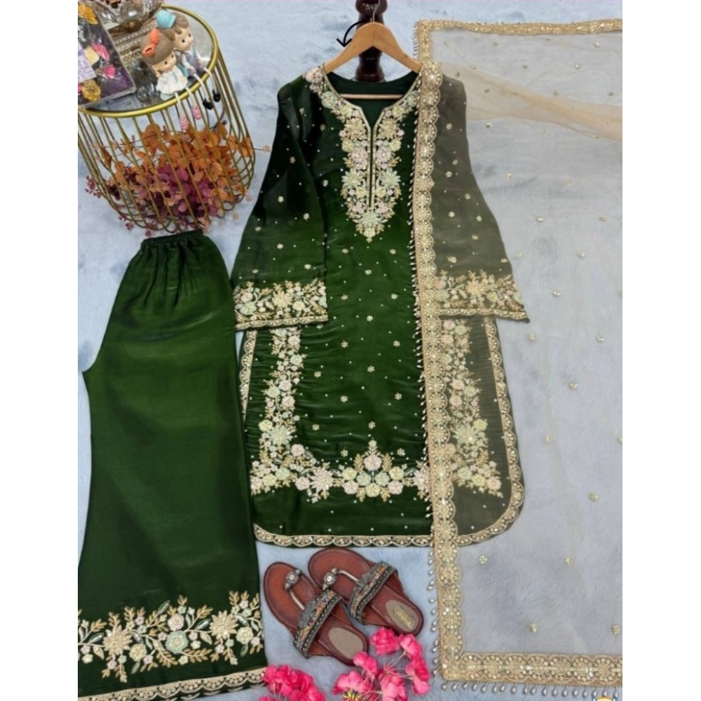 Generic Women's Silk Embroidered 3/4th Sleeve Round Kurti With Palazzo Pant and Dupatta Set (Dark Green) - Image 5