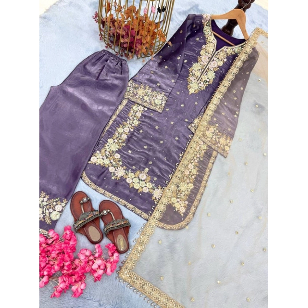 Generic Women's Silk Embroidered 3/4th Sleeve Round Kurti With Palazzo Pant and Dupatta Set (Purple) - Image 6