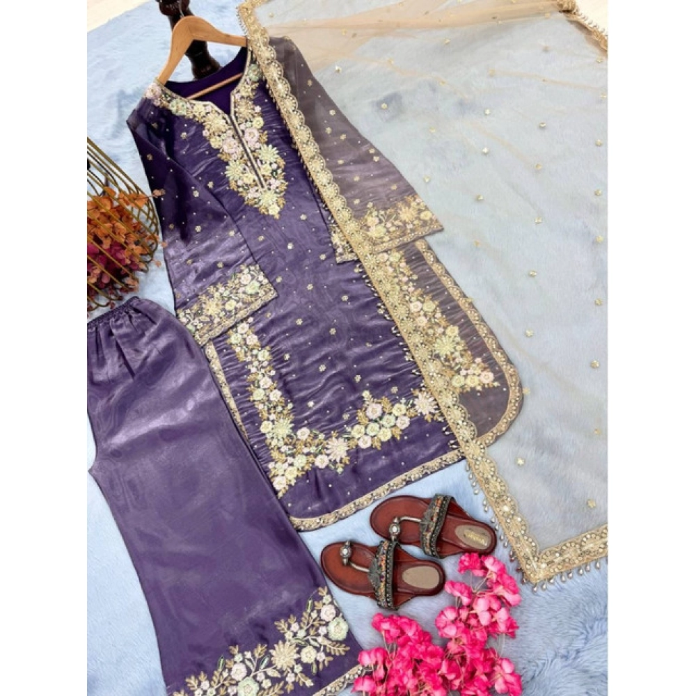 Generic Women's Silk Embroidered 3/4th Sleeve Round Kurti With Palazzo Pant and Dupatta Set (Purple) - Image 3