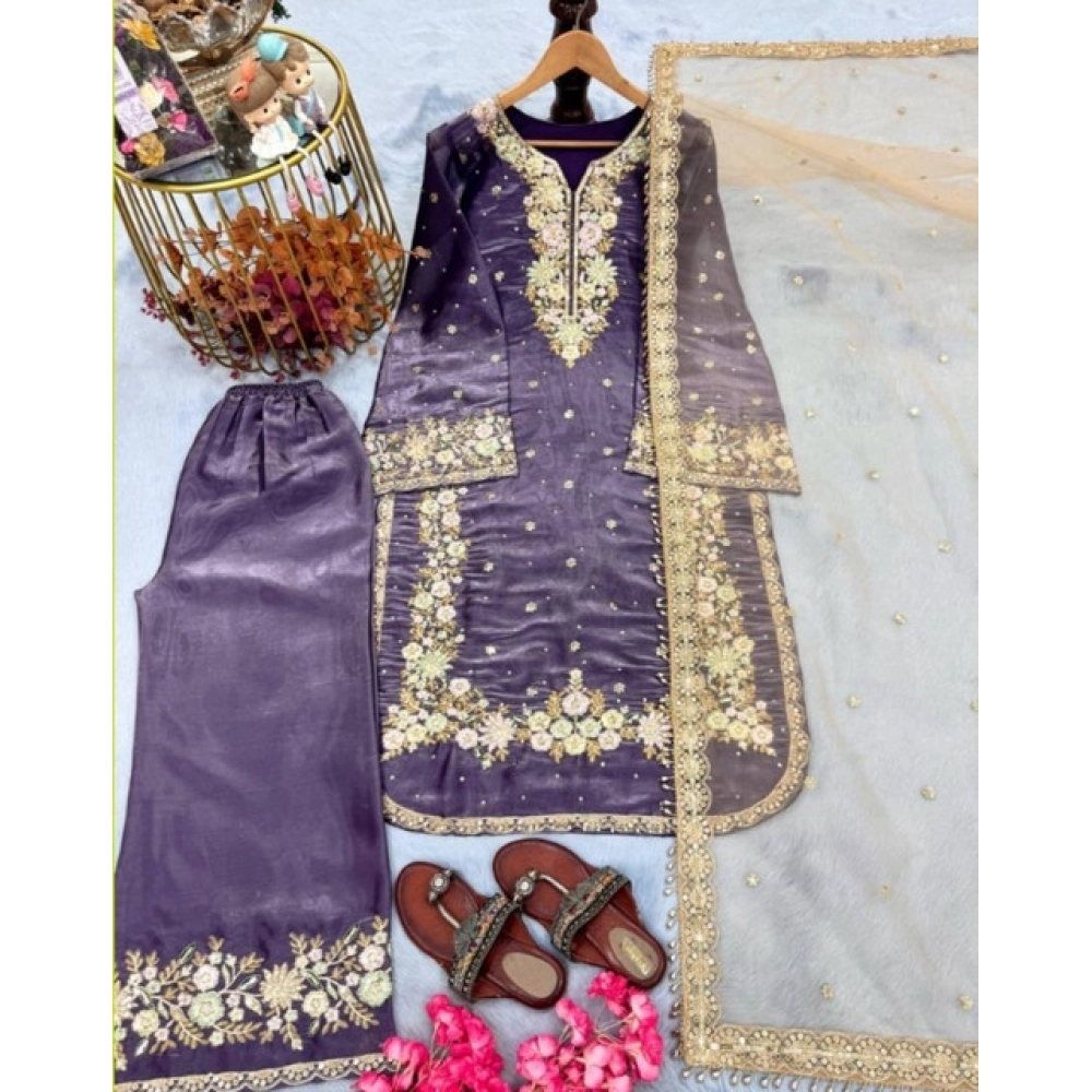 Generic Women's Silk Embroidered 3/4th Sleeve Round Kurti With Palazzo Pant and Dupatta Set (Purple) - Image 4
