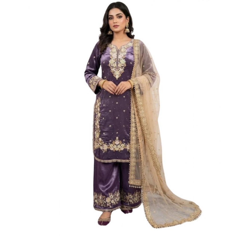 Generic Women's Silk Embroidered 3/4th Sleeve Round Kurti With Palazzo Pant and Dupatta Set (Purple) - Image 5