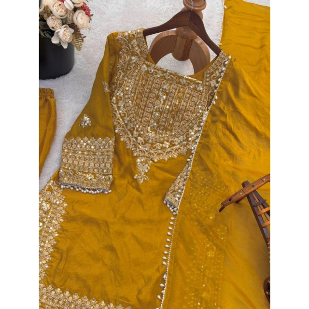 Generic Women's Silk Embroidered 3/4th Sleeve Round Kurti With Sharara Pant and Dupatta Set (Yellow) - Image 3