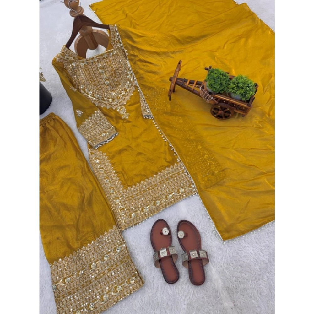 Generic Women's Silk Embroidered 3/4th Sleeve Round Kurti With Sharara Pant and Dupatta Set (Yellow) - Image 4