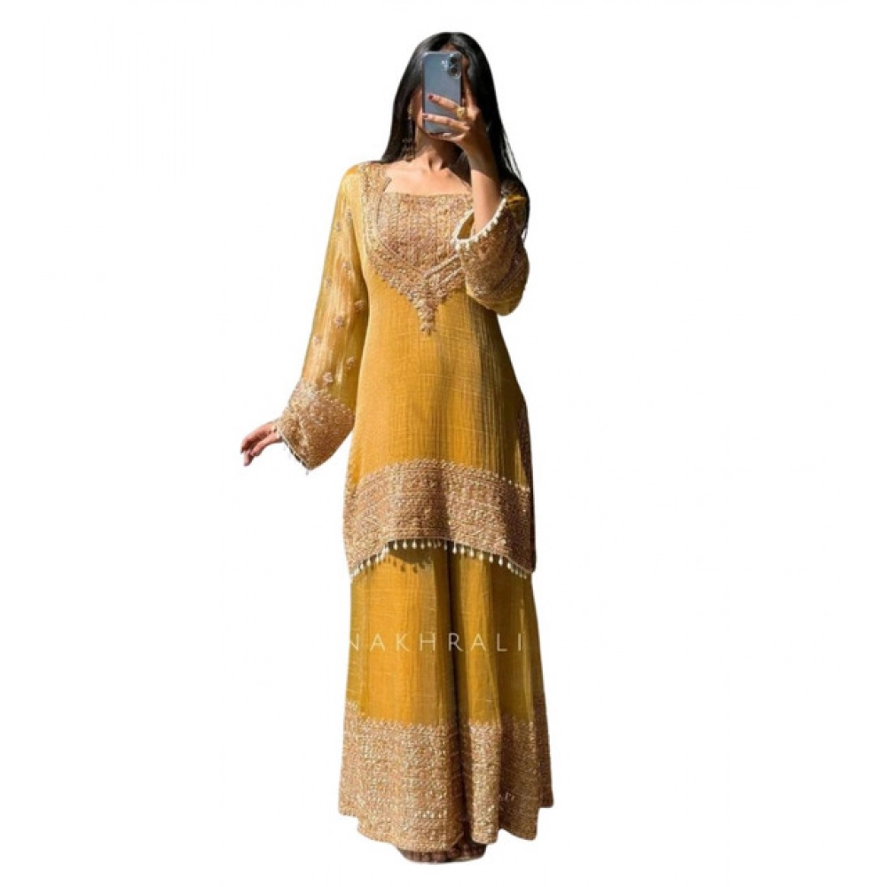 Generic Women's Silk Embroidered 3/4th Sleeve Round Kurti With Sharara Pant and Dupatta Set (Yellow) - Image 5