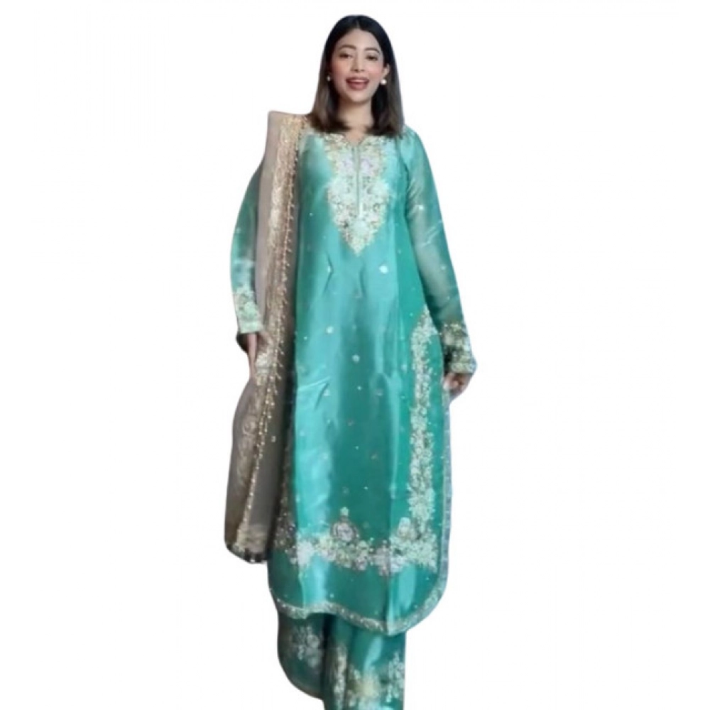 Generic Women's Silk Embroidered 3/4th Sleeve Round Readymade Kurti With Palazzo Pant and Dupatta Set (Sea Green) - Image 3