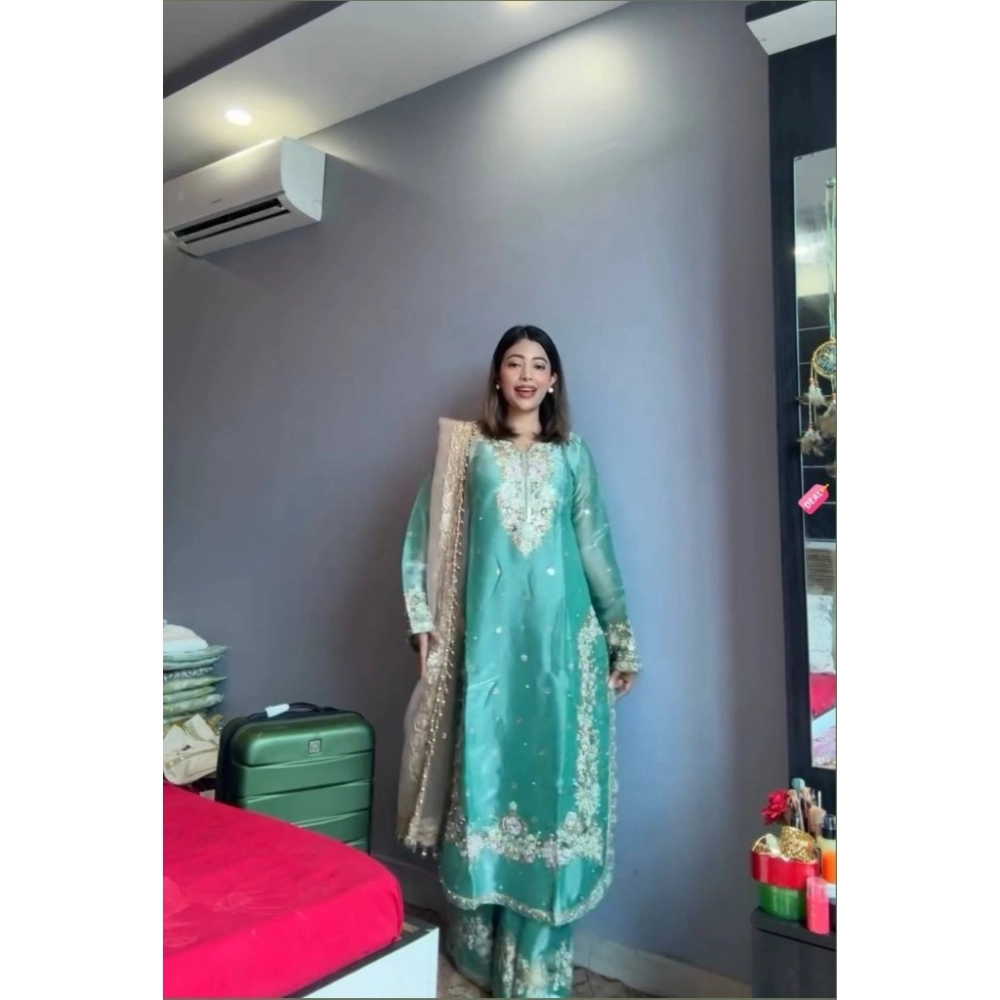 Generic Women's Silk Embroidered 3/4th Sleeve Round Readymade Kurti With Palazzo Pant and Dupatta Set (Sea Green) - Image 4