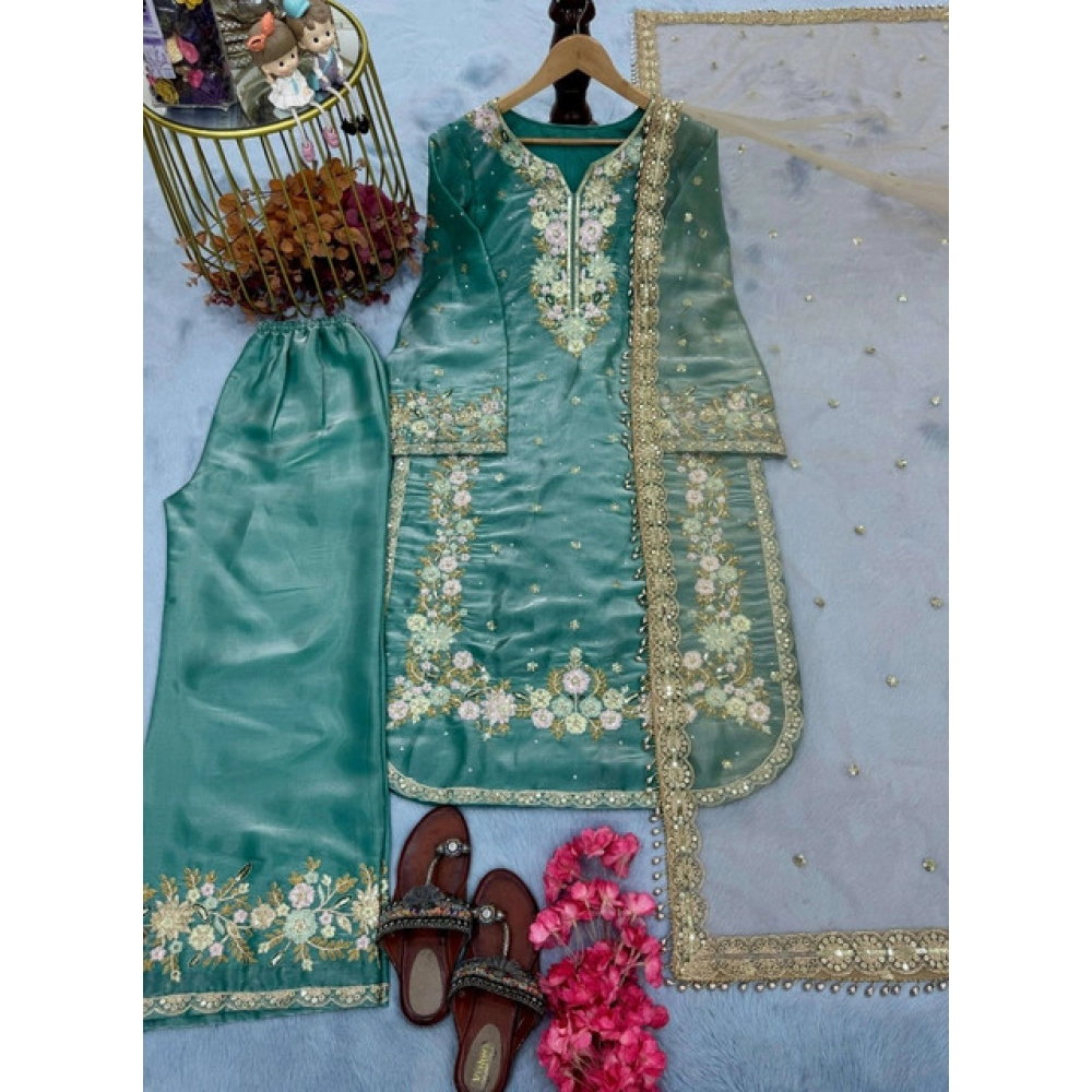 Generic Women's Silk Embroidered 3/4th Sleeve Round Readymade Kurti With Palazzo Pant and Dupatta Set (Sea Green) - Image 5