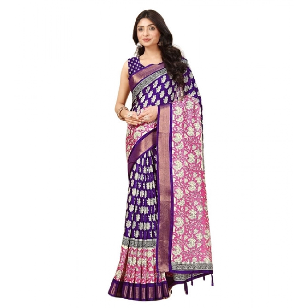 Generic Women's Cotton Blend Printed Saree With Unstitched Blouse 5.5Mtr (Purple) - Image 6
