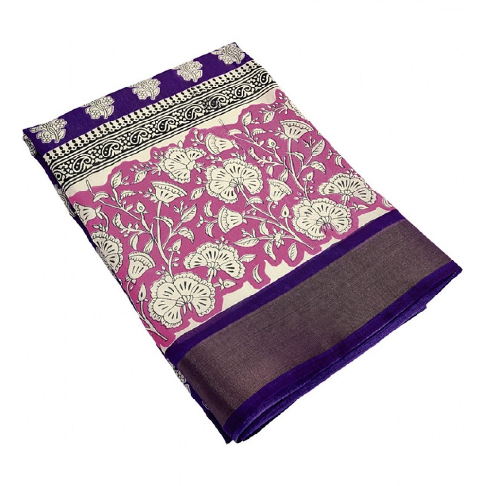 Generic Women's Cotton Blend Printed Saree With Unstitched Blouse 5.5Mtr (Purple) - Image 5