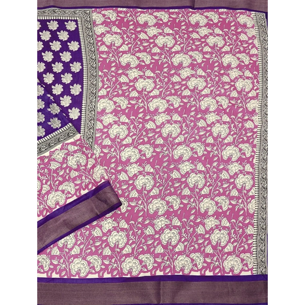 Generic Women's Cotton Blend Printed Saree With Unstitched Blouse 5.5Mtr (Purple) - Image 4