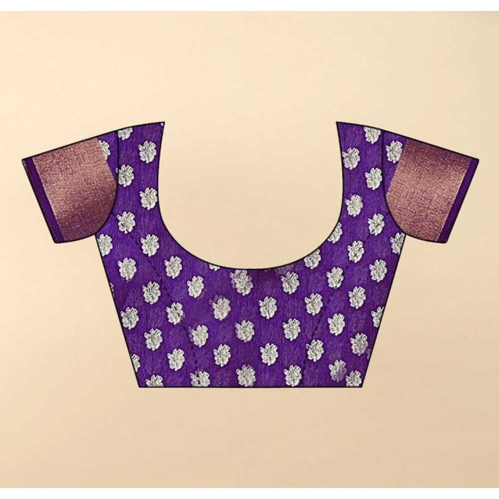 Generic Women's Cotton Blend Printed Saree With Unstitched Blouse 5.5Mtr (Purple) - Image 3