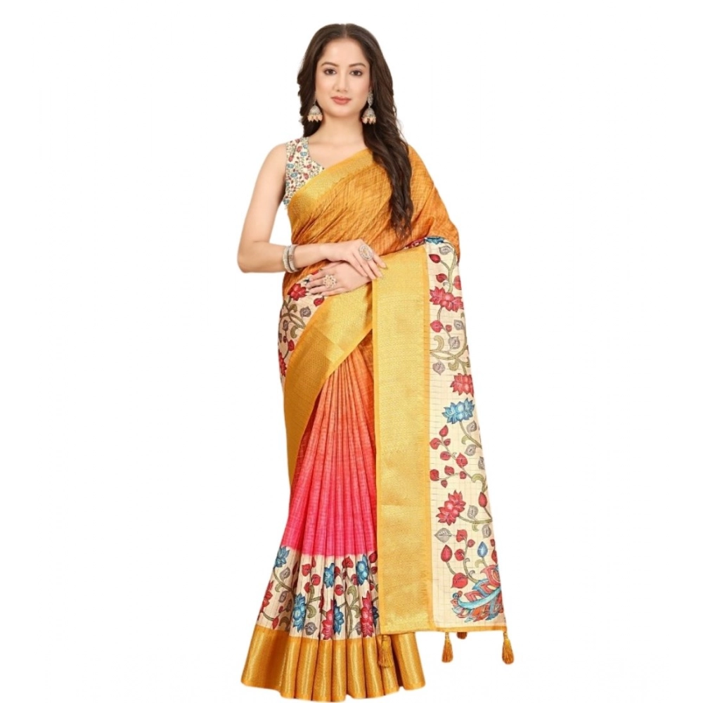 Generic Women's Cotton Blend Floral Printed Saree With Unstitched Blouse 5.5Mtr (Yellow) - Image 5