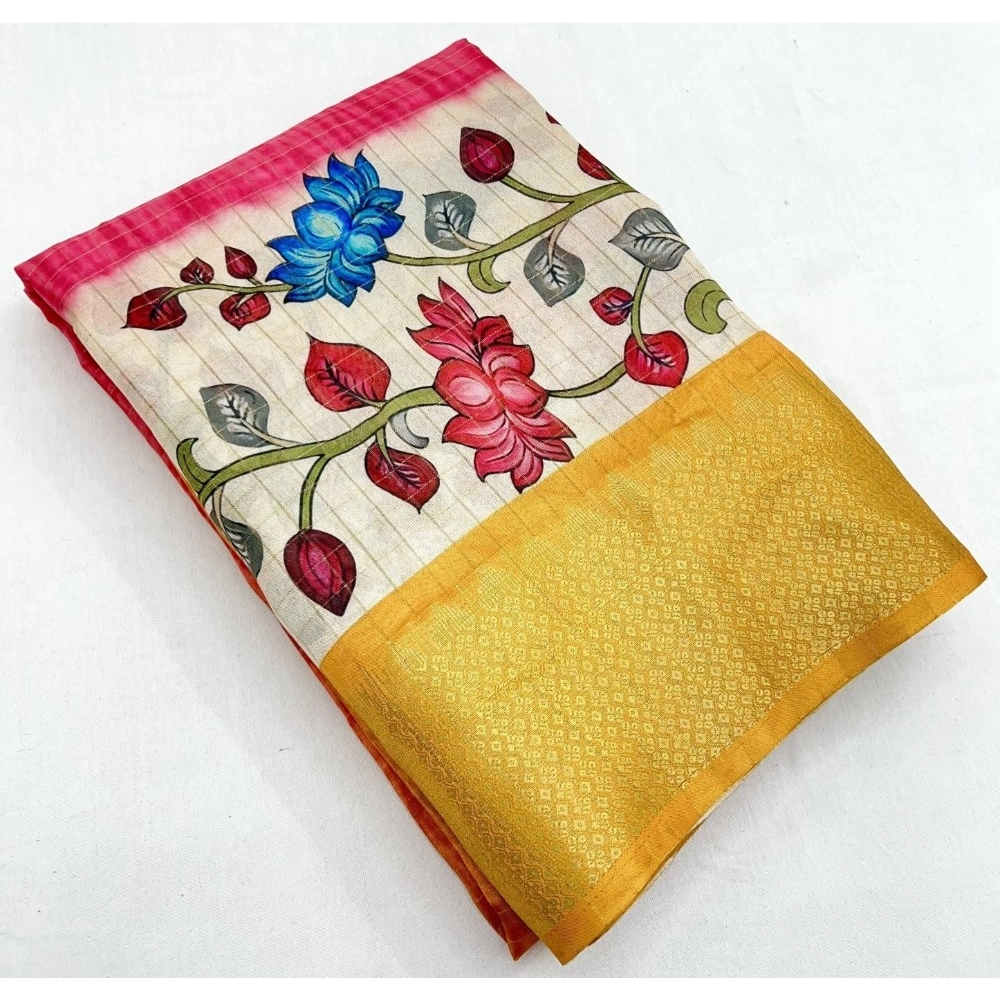 Generic Women's Cotton Blend Floral Printed Saree With Unstitched Blouse 5.5Mtr (Yellow) - Image 4