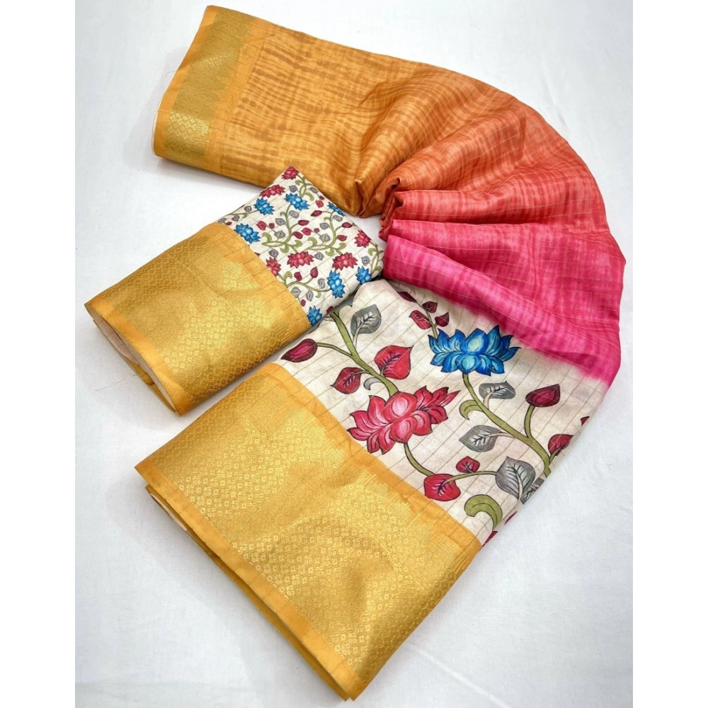 Generic Women's Cotton Blend Floral Printed Saree With Unstitched Blouse 5.5Mtr (Yellow) - Image 3