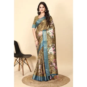Generic Women's Cotton Blend Floral Printed Saree With Unstitched Blouse 5.5Mtr (Multicolor)