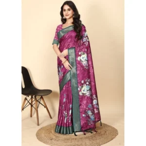 Generic Women's Cotton Blend Floral Printed Saree With Unstitched Blouse 5.5Mtr (Multicolor)