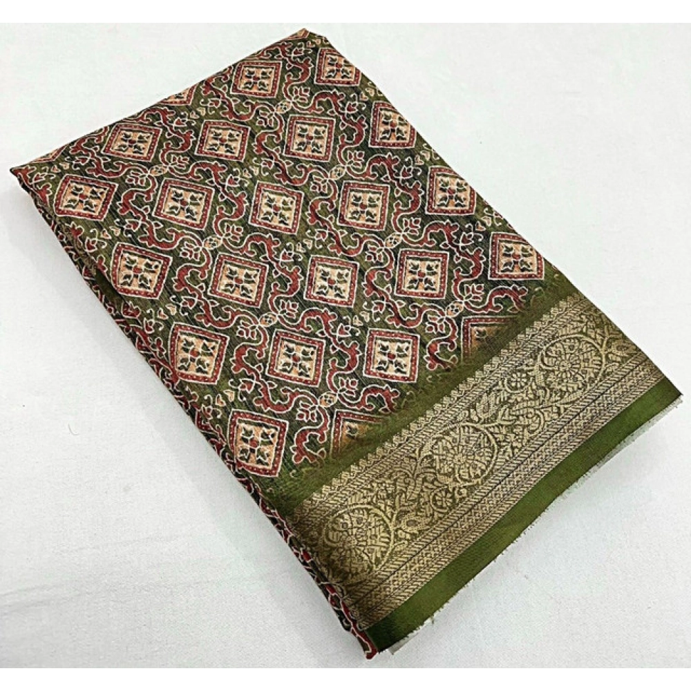 Generic Women's Cotton Blend Printed Saree With Unstitched Blouse 5.5Mtr (Green) - Image 5