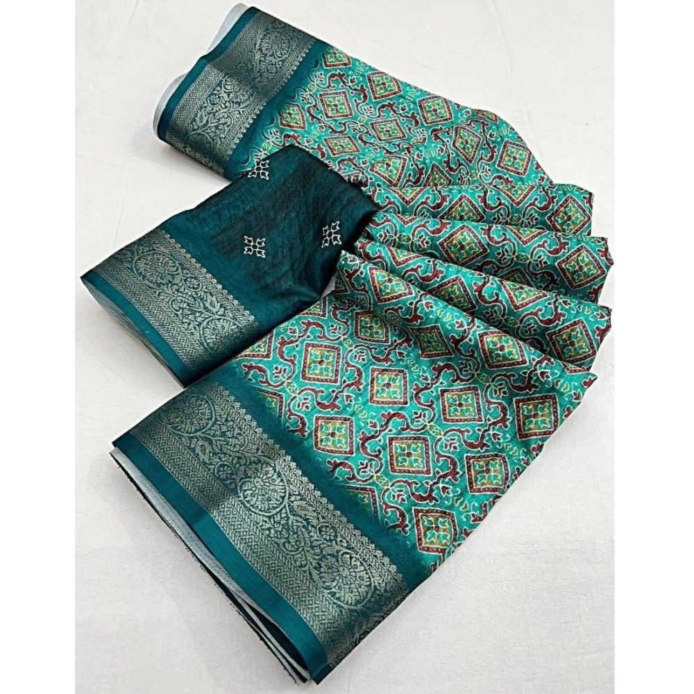 Generic Women’s Cotton Blend Printed Saree With Unstitched Blouse 5.5Mtr (Rama)