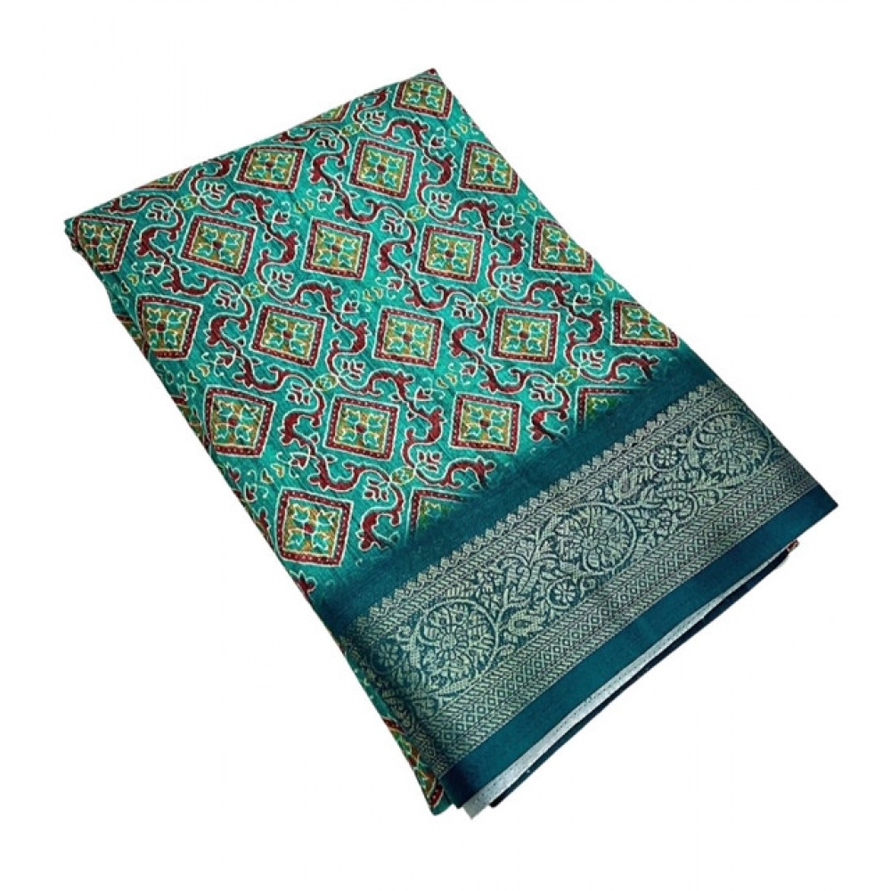 Generic Women's Cotton Blend Printed Saree With Unstitched Blouse 5.5Mtr (Rama) - Image 5