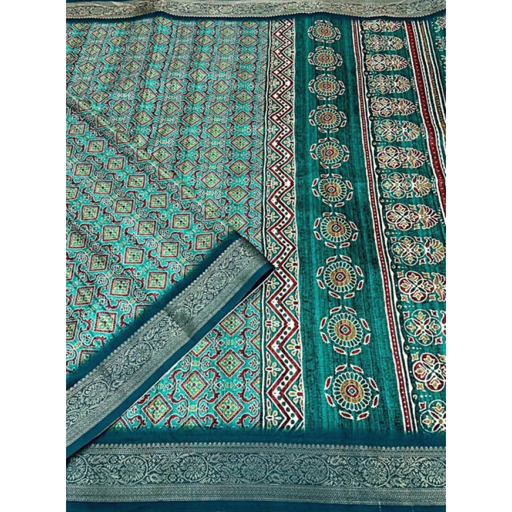 Generic Women's Cotton Blend Printed Saree With Unstitched Blouse 5.5Mtr (Rama) - Image 4