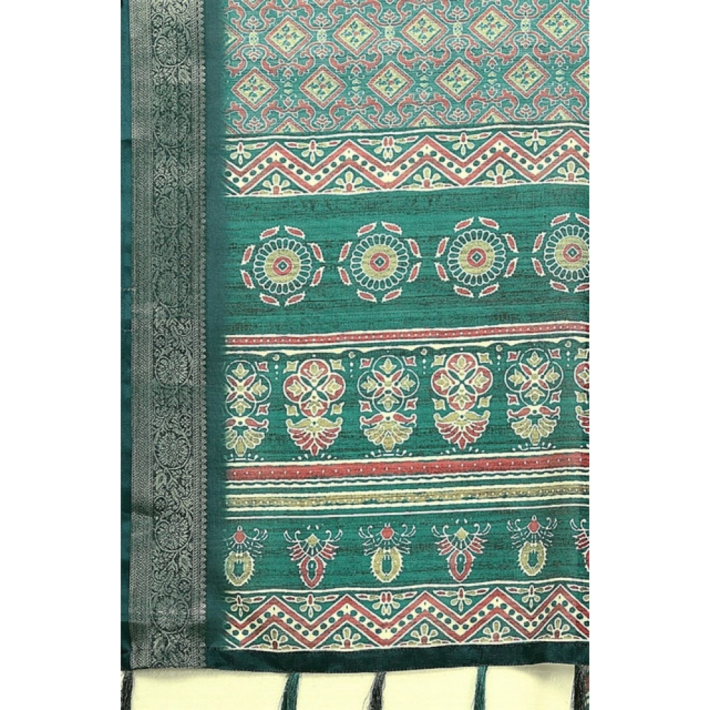 Generic Women's Cotton Blend Printed Saree With Unstitched Blouse 5.5Mtr (Rama) - Image 3