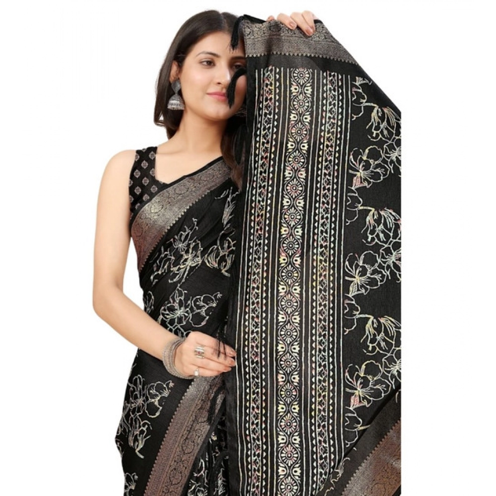 Generic Women's Cotton Silk Floral Printed Saree With Unstitched Blouse 5.5Mtr (Black) - Image 6