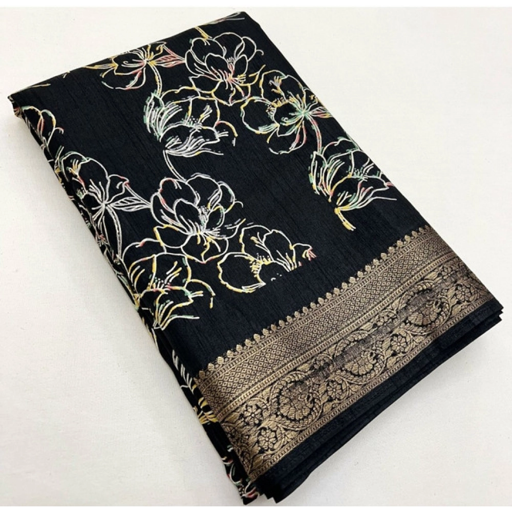 Generic Women's Cotton Silk Floral Printed Saree With Unstitched Blouse 5.5Mtr (Black) - Image 5