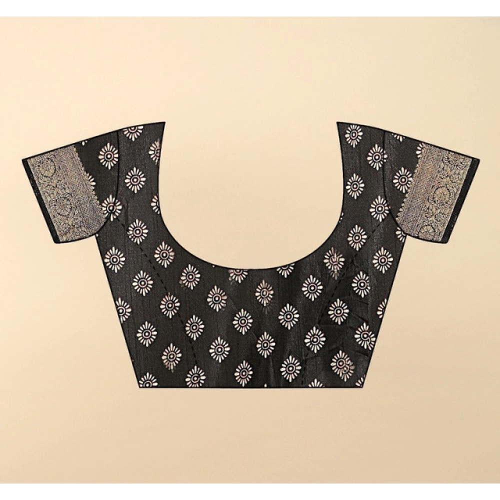 Generic Women's Cotton Silk Floral Printed Saree With Unstitched Blouse 5.5Mtr (Black) - Image 3