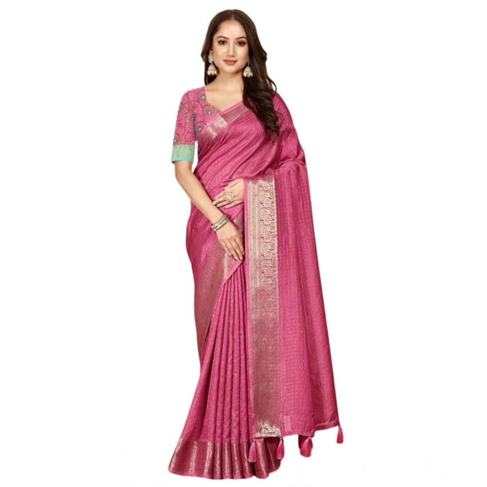 Generic Women's Cotton Blend Checkered Saree With Unstitched Blouse 5.5Mtr (Pink) - Image 5