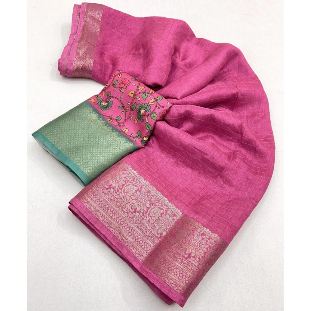 Generic Women's Cotton Blend Checkered Saree With Unstitched Blouse 5.5Mtr (Pink) - Image 4