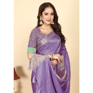 Generic Women's Cotton Blend Checkered Saree With Unstitched Blouse 5.5Mtr (Purple)