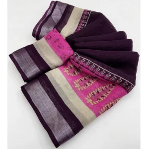 Generic Women's Cotton Linen Printed Saree With Unstitched Blouse 5.5Mtr (Wine)