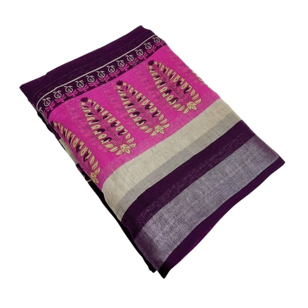 Generic Women's Cotton Linen Printed Saree With Unstitched Blouse 5.5Mtr (Wine) - Image 5