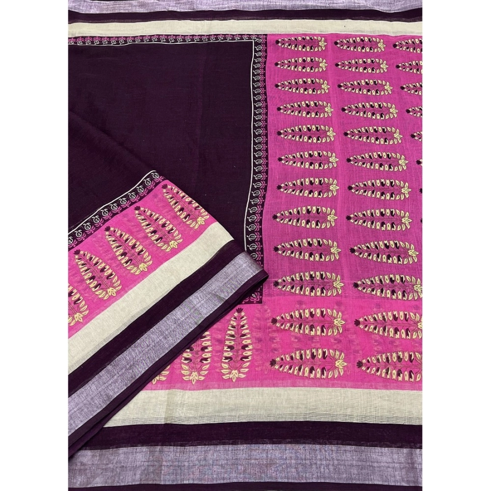 Generic Women's Cotton Linen Printed Saree With Unstitched Blouse 5.5Mtr (Wine) - Image 4