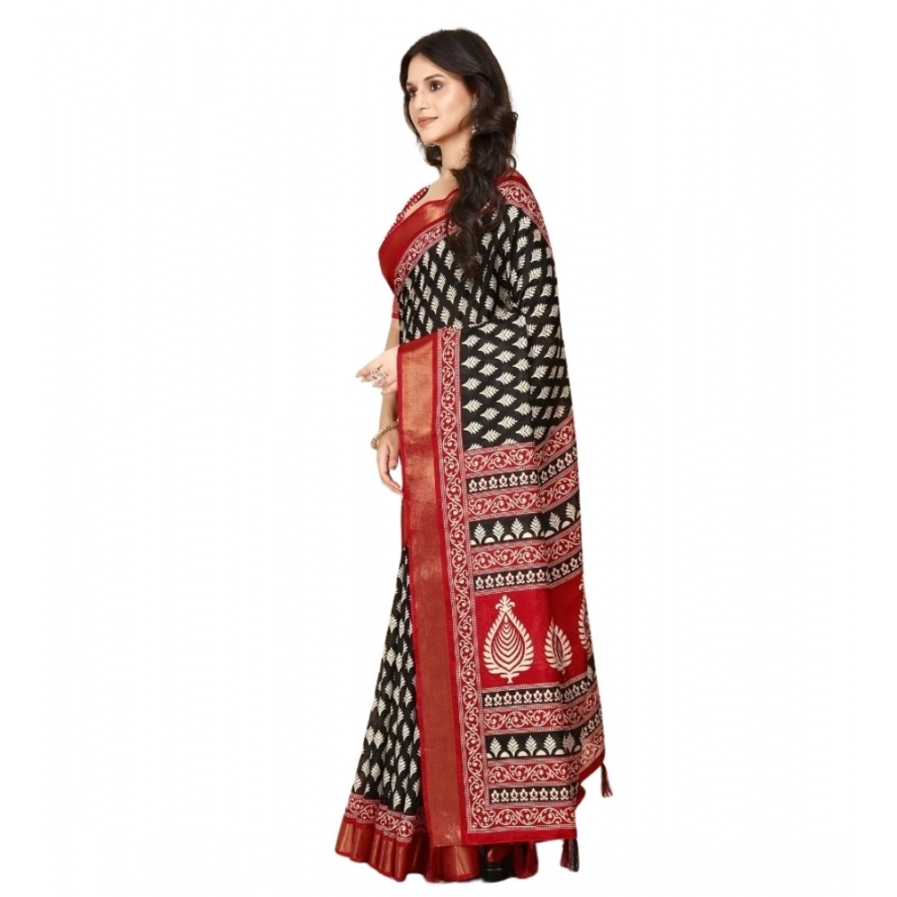 Generic Women's Cotton Silk Printed Saree With Unstitched Blouse 5.5Mtr (Black) - Image 5