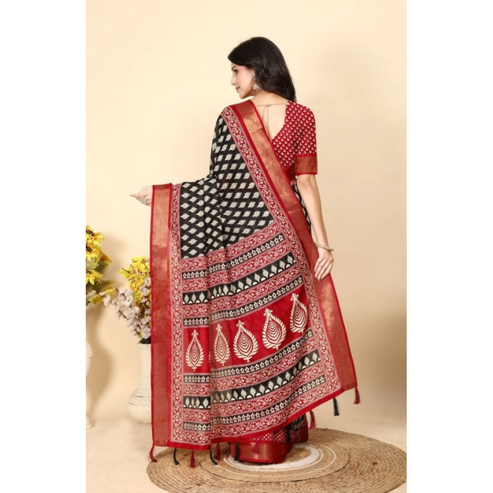 Generic Women's Cotton Silk Printed Saree With Unstitched Blouse 5.5Mtr (Black) - Image 4