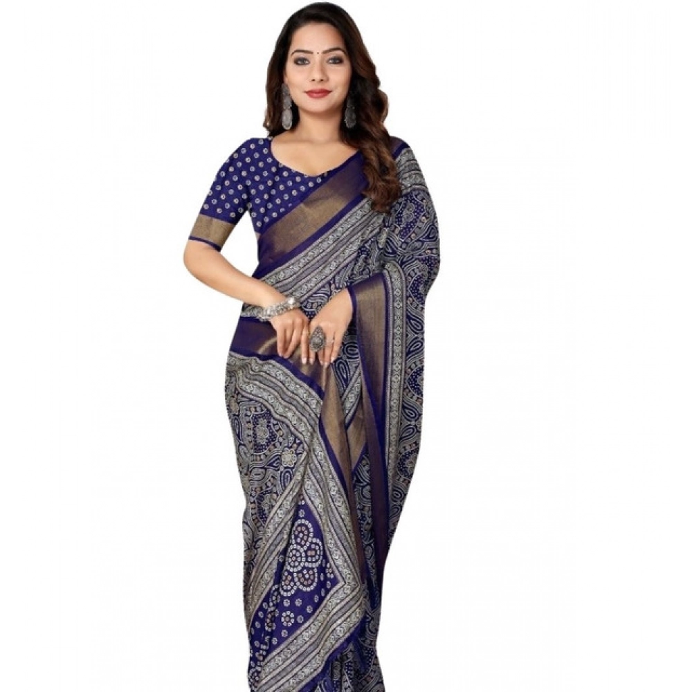 Generic Women's Cotton Silk Printed Saree With Unstitched Blouse 5.5Mtr (Blue) - Image 5
