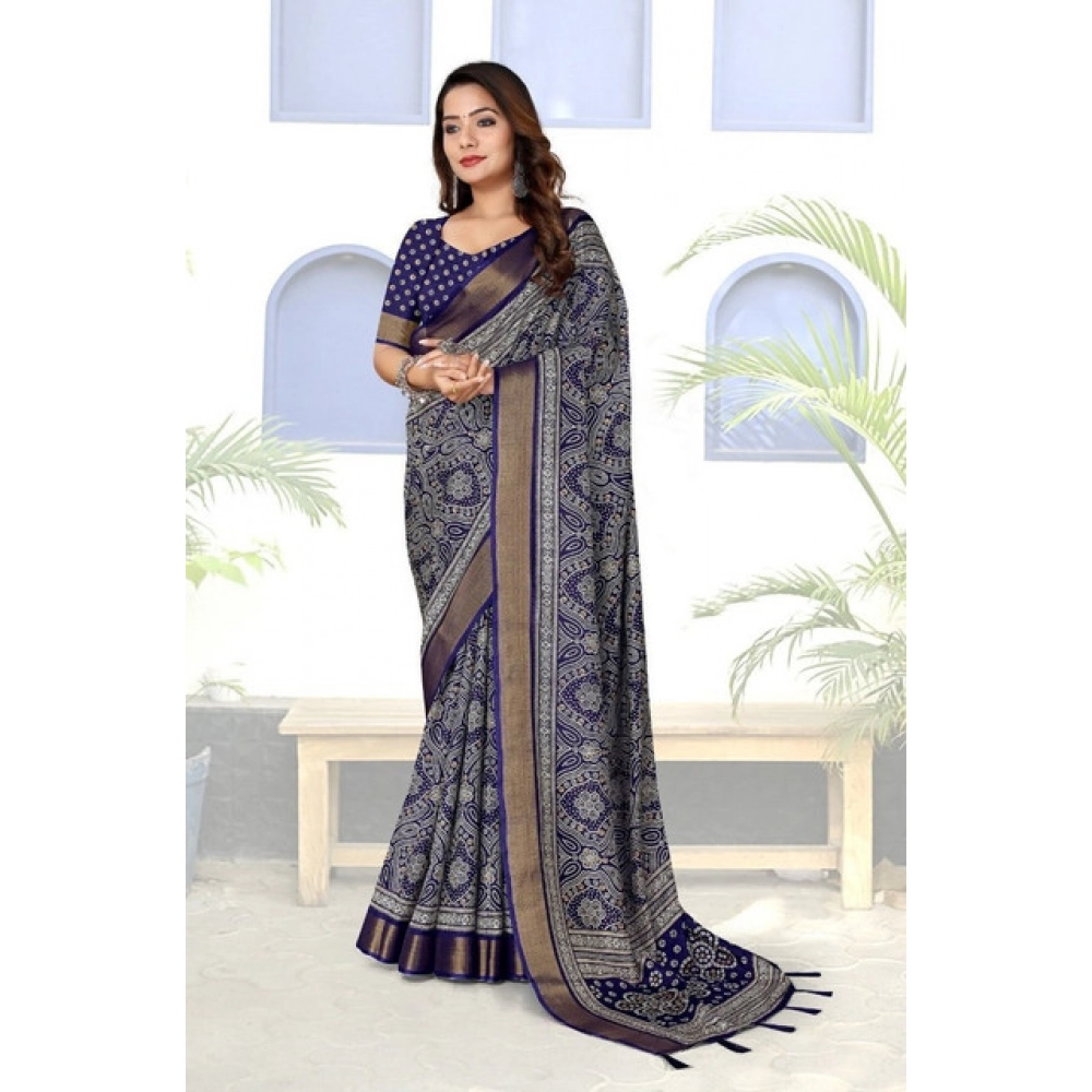 Generic Women's Cotton Silk Printed Saree With Unstitched Blouse 5.5Mtr (Blue) - Image 4