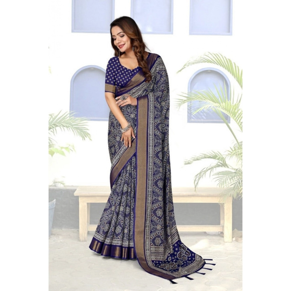 Generic Women's Cotton Silk Printed Saree With Unstitched Blouse 5.5Mtr (Blue) - Image 3
