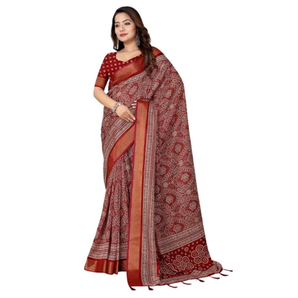 Generic Women's Cotton Silk Printed Saree With Unstitched Blouse 5.5Mtr (Maroon) - Image 5