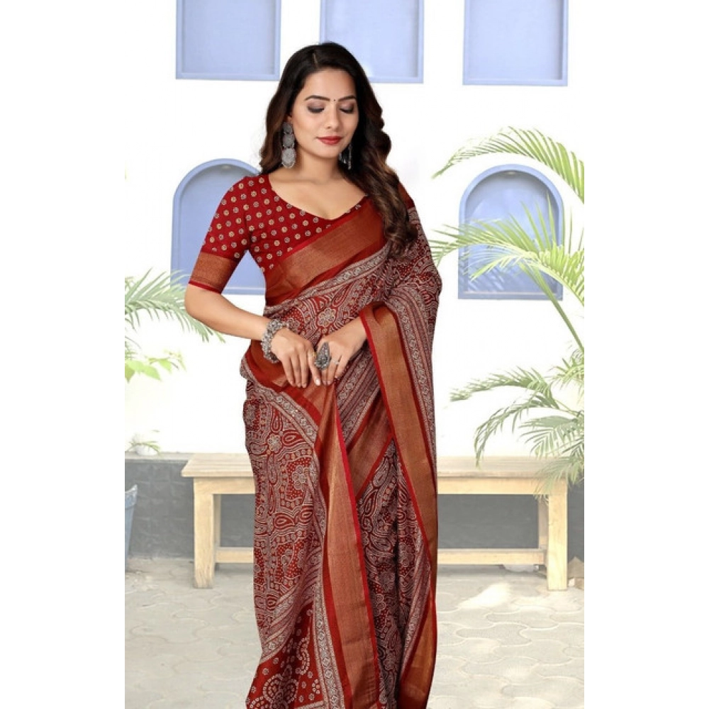 Generic Women's Cotton Silk Printed Saree With Unstitched Blouse 5.5Mtr (Maroon) - Image 4