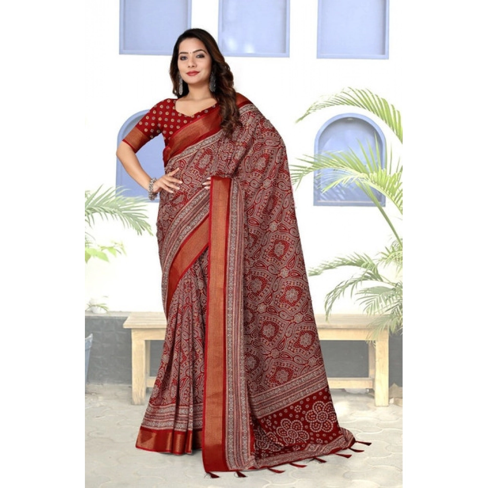 Generic Women's Cotton Silk Printed Saree With Unstitched Blouse 5.5Mtr (Maroon) - Image 3