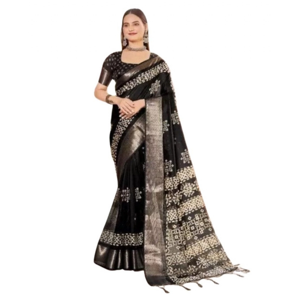 Generic Women's Cotton Silk Printed Saree With Unstitched Blouse 5.5Mtr (Black) - Image 5